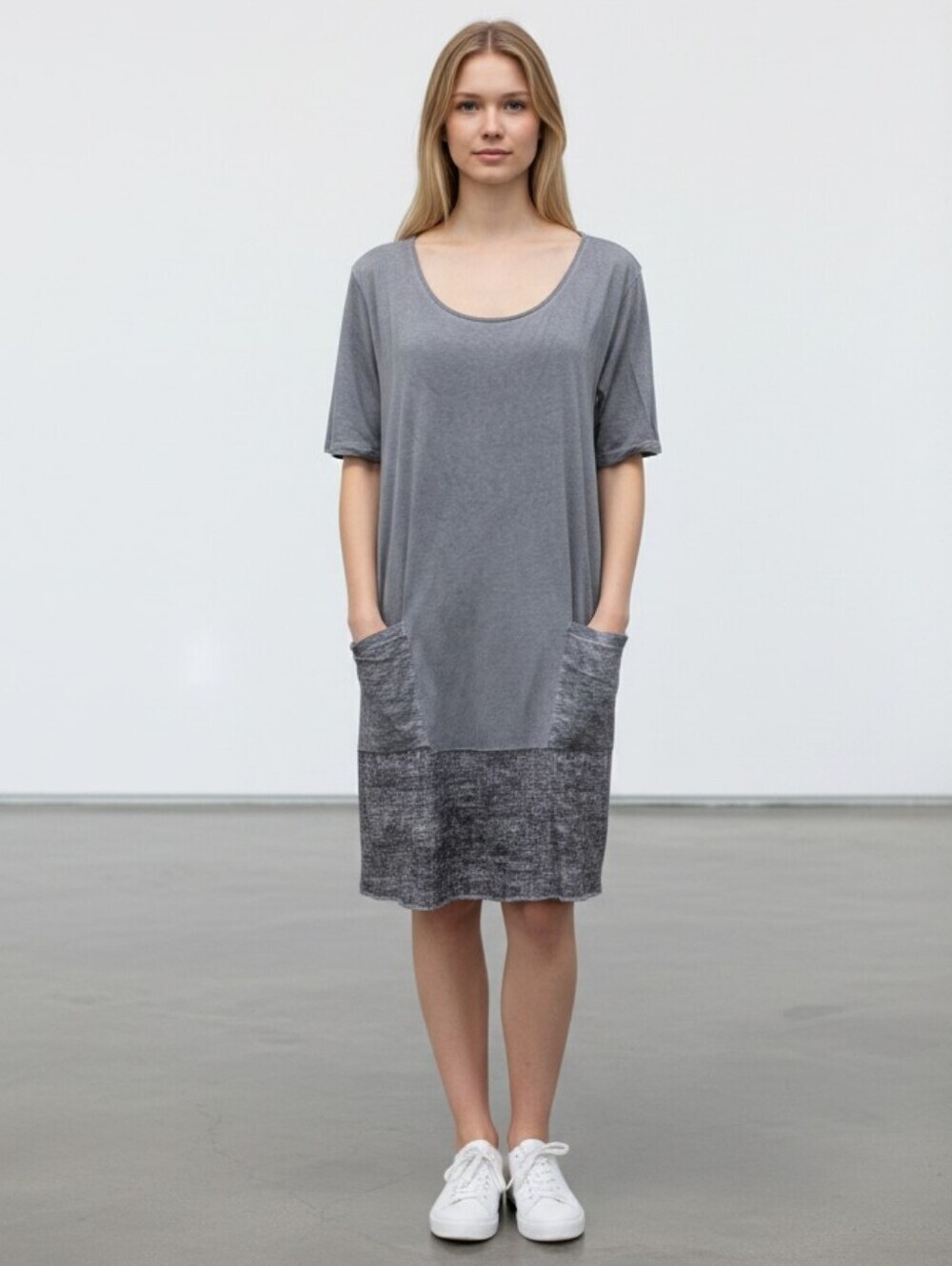 Beau Jours Linen Cotton Gray Casual Midi Dress Pockets Women